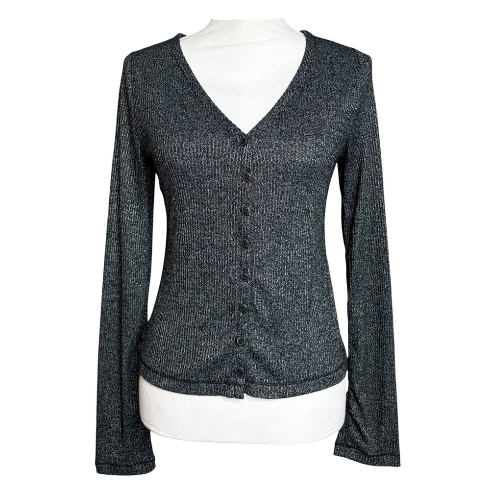Rag & Bone Cardigan M/L Gray Black Ribbed V Neck Lightweight Button Top
